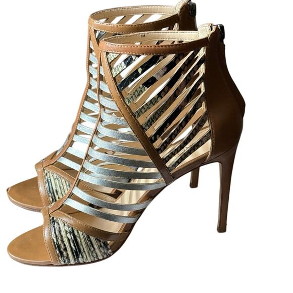 Nine West SZ 7 in Box Tan Leather 4" STILLETO Heel PEEP TOE Snakeskin Metallic - Picture 10 of 16